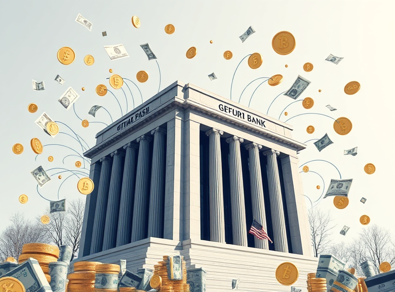 Imagine a strong, modern building that looks like a bank headquarters, standing tall. Around it, show different symbols representing money and finance: coins, paper money, credit cards, and digital currency icons, all flowing towards and around the building. This shows how JPM is at the center of financial activity. The style should feel solid and important, maybe with a touch of digital elements.