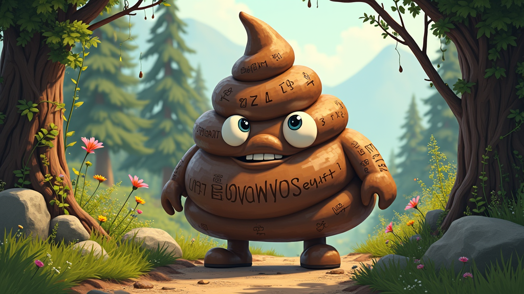 An exaggerated, cartoonish depiction of an oversized poop emoji adorned with ancient runes, standing tall on a hiking trail overgrown with wildflowers and vines.
