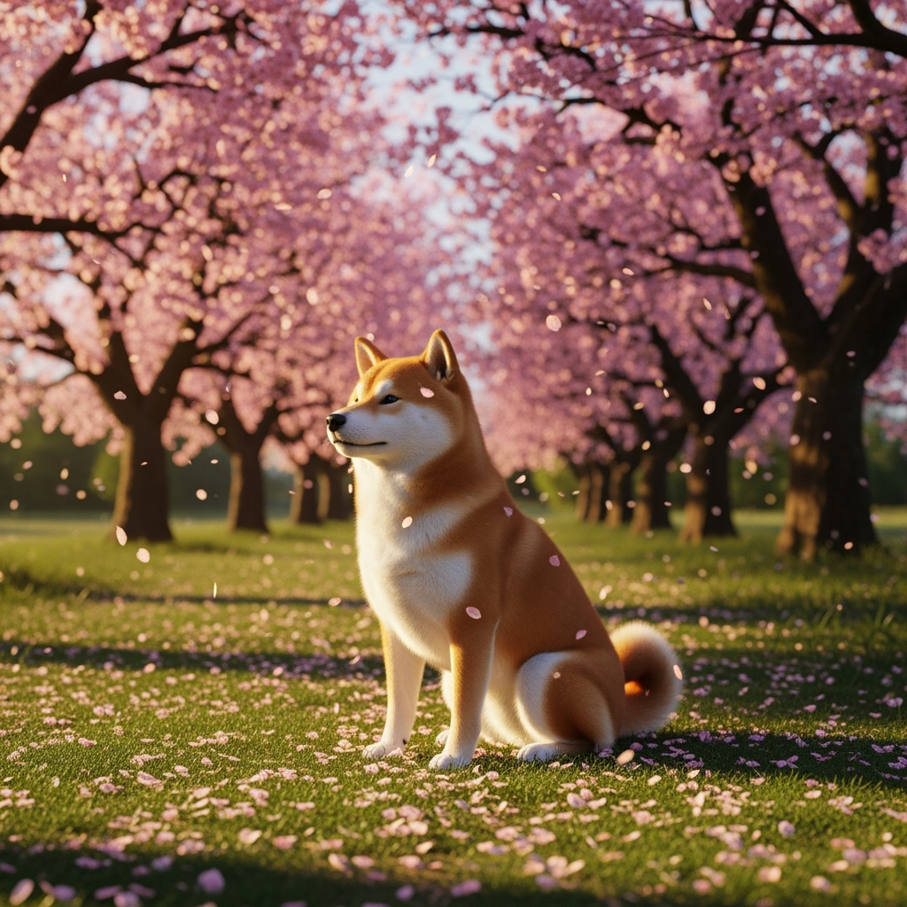 A Shiba Inu sitting in a cherry blossom garden (realistic, serene).