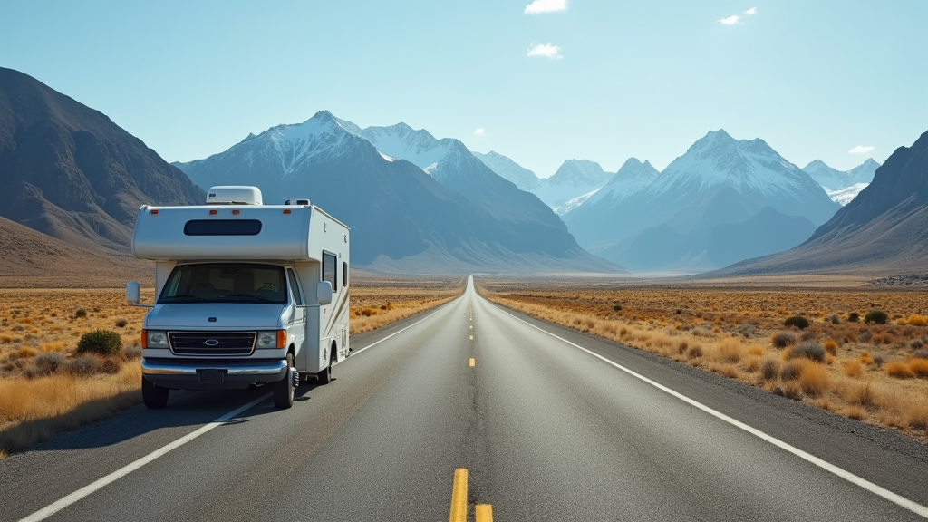 RV parked on a highway with vast open spaces
