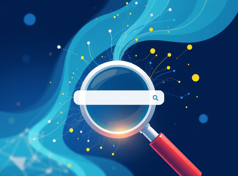 A conceptual illustration representing Google Search and AI. Show a stylized search bar or magnifying glass at the center, with abstract data streams or light particles flowing into it and transforming into insights or answers, perhaps with subtle AI-related elements like neural networks or glowing nodes. The style should be clean, intelligent, and visually dynamic, using Google's brand colors (blue, red, yellow, green).