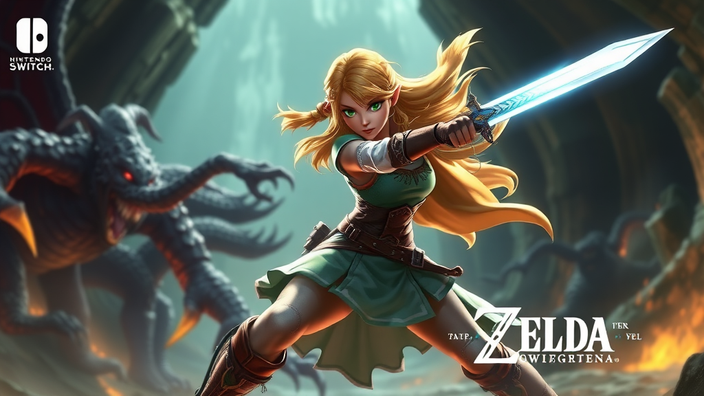 Princess Zelda in her Swordfighter form, battling a monster, highlighting the action combat of Zelda Nintendo Switch.