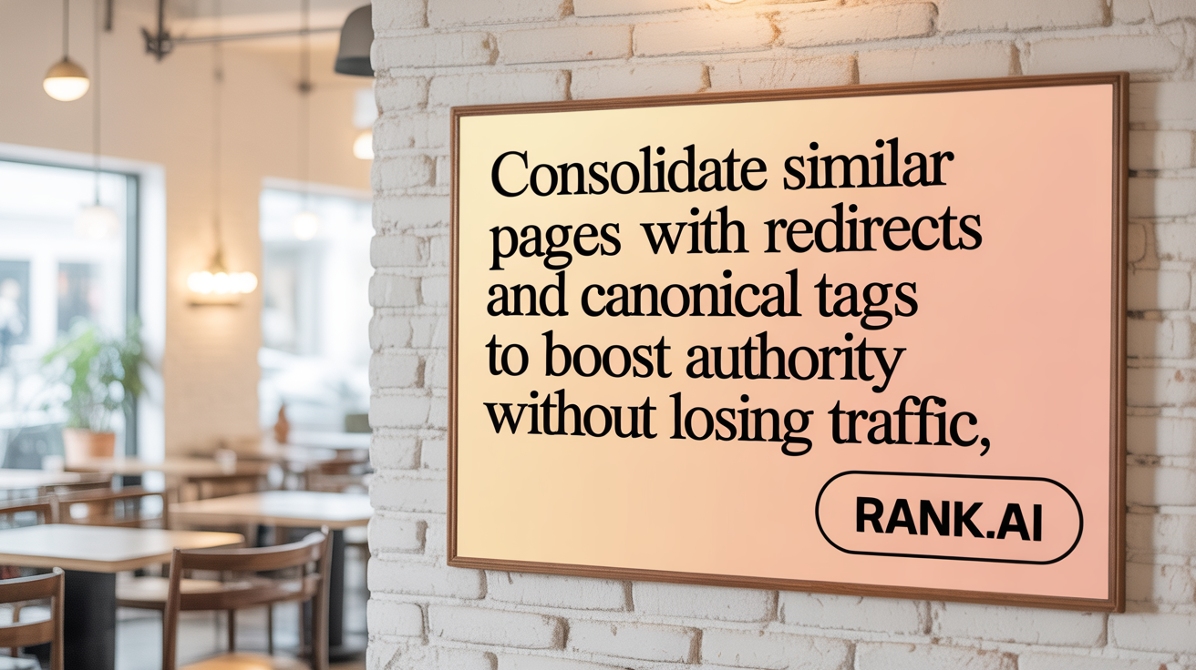 Consolidate similar pages with redirects and canonical tags to boost authority without losing traffic.