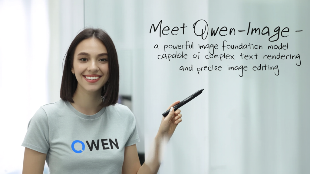 A beautiful woman dressed in a T-shirt with the "QWEN" logo is smiling at the camera while holding a black marker. Behind her, written on a glass board in handwriting, is the phrase: "Meet Qwen-Image – a powerful image foundation model capable of complex text rendering and precise image editing.