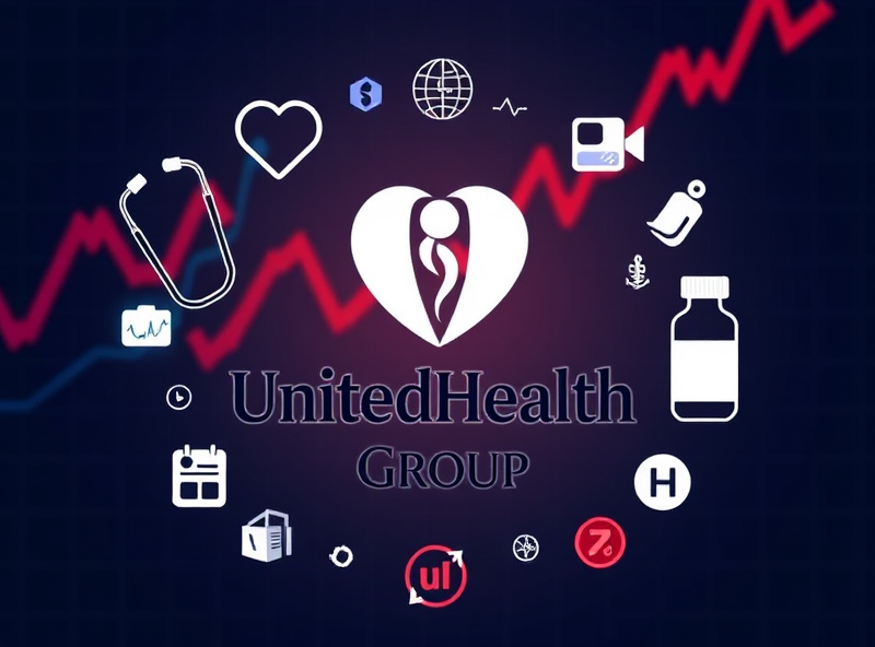 Healthcare-related icons like a stethoscope, heart rate graph, and medicine bottle surrounding the UnitedHealth Group logo. A stock graph is gently rising in the background. Represent the healthcare industry and investment stability. Trustworthy and professional atmosphere.