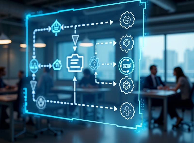 An image of a digital workspace with a flowchart displayed on a screen, showing various paths for automation. Some connections are highlighted in vibrant colors while others are faded, indicating broken traceability. The setting includes office materials and a hint of colleagues collaborating nearby, emphasizing the tech-driven work environment.