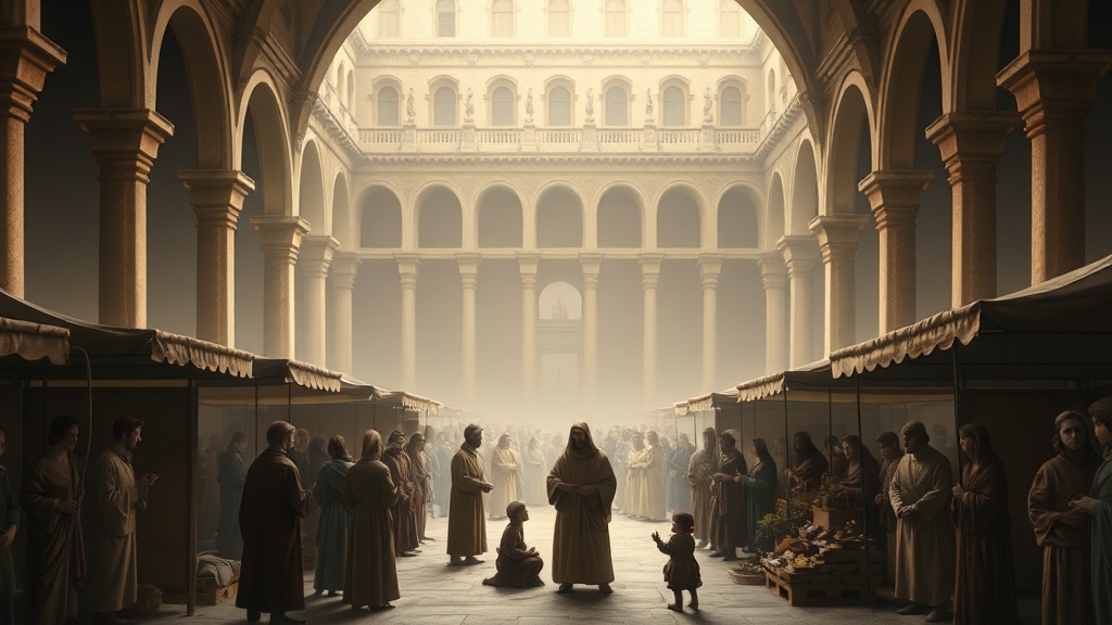 회화적 장면: 임시 시장과 이야기하는 사람들