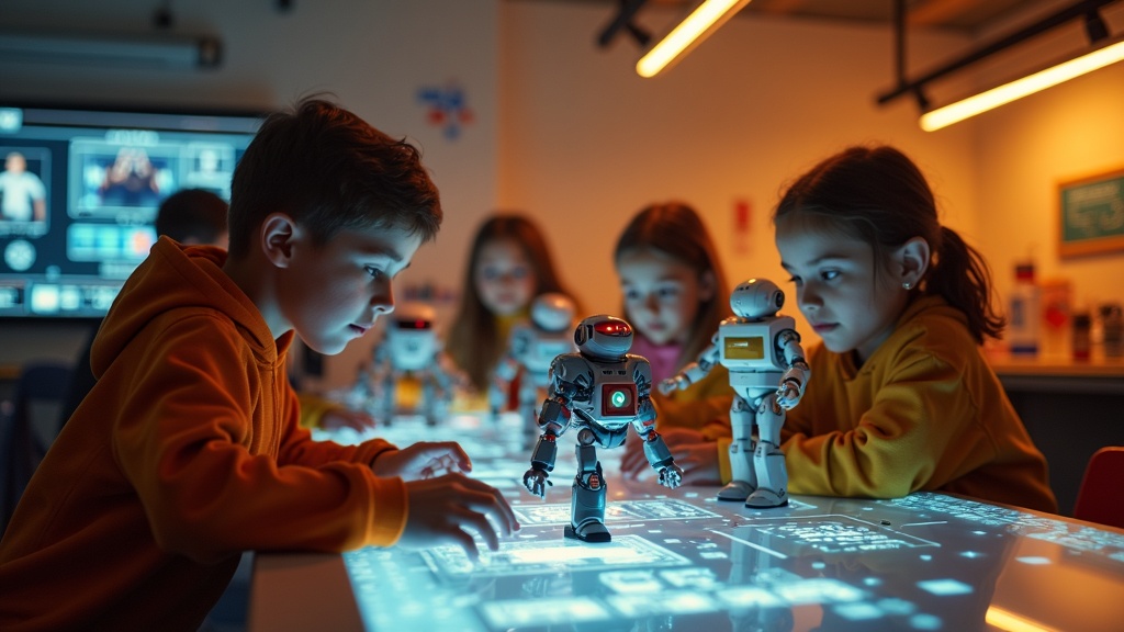 Niños colaborando en un proyecto de robótica en un aula de educación primaria, fomentando el trabajo en equipo y el aprendizaje STEM.