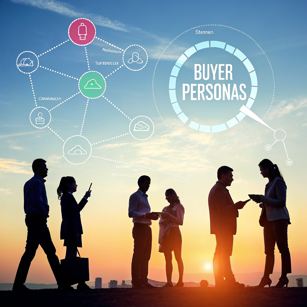Kolorowe sylwetki buyer person wplecione w strumienie danych i narzędzia, symbolizujące analizę i personalizację w strategii marketingowej.