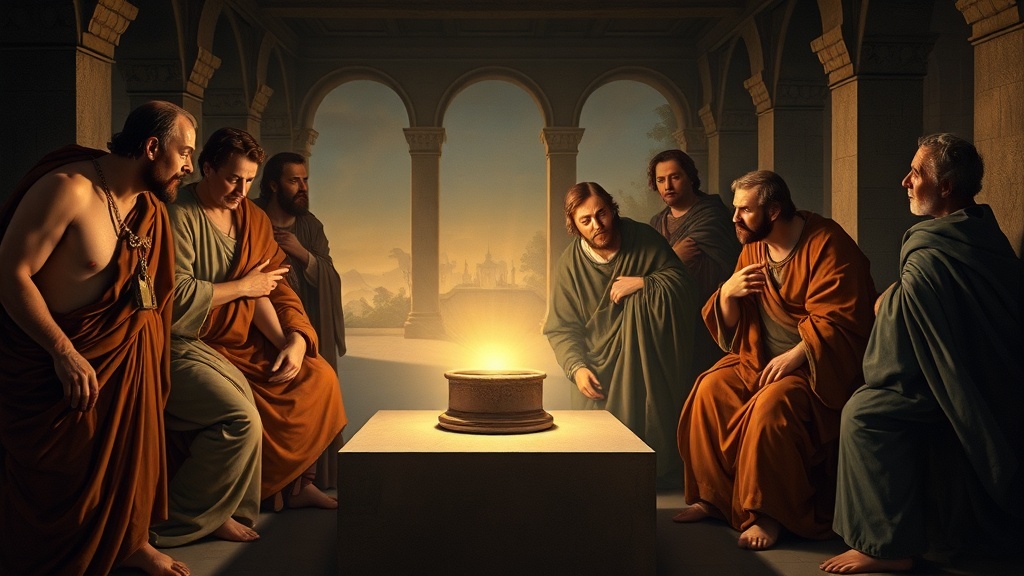 르네상스 풍의 여성과 남성들이 조용히 모여 있는 고전적 실내 풍경, 온화한 빛과 부드러운 색감