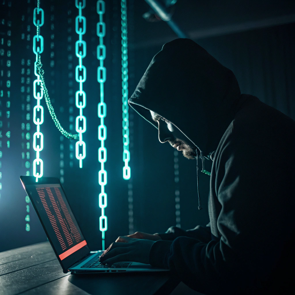 Mroczna cyfrowa postać manipulująca kodem i linkami, symbolizująca ryzyko kar za black hat SEO.