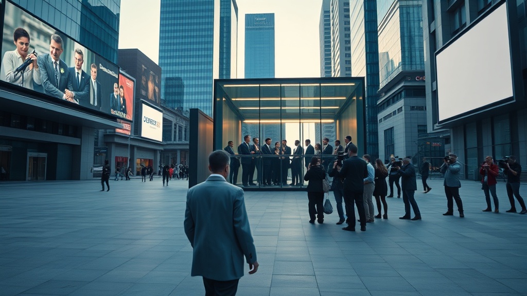 현대 도시의 광장과 유리 건물 앞을 떠나는 한 사람의 뒷모습