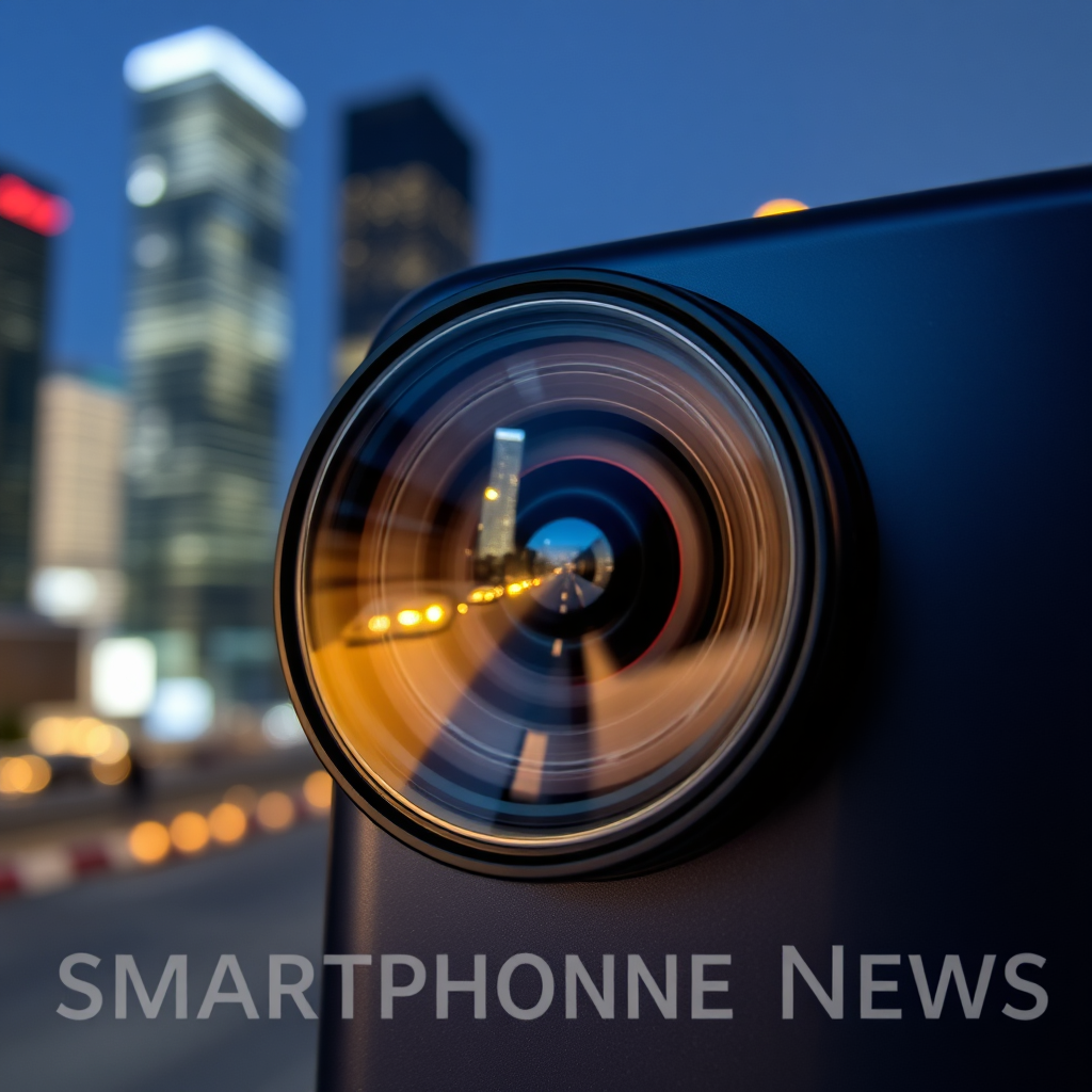 تصویر نزدیک از لنز دوربین گوشی هوشمند مدرن، با بازتاب نور شهر در شب، نشان‌دهنده پیشرفت‌های عکاسی موبایلی در اخبار گوشی‌های هوشمند