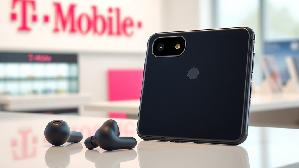 یک گوشی هوشمند پیکسل 9 پرو ایکس‌ال واقع‌گرایانه و شیک با سیستم دوربین برجسته، در کنار یک جفت پیکسل بادز، روی یک سطح مدرن و تمیز. پس‌زمینه به طور ظریفی محیط یک فروشگاه تی-موبایل را با نشانه‌های برندشان نشان می‌دهد. این تصویر نوآوری و کیفیت عالی را منتقل می‌کند.