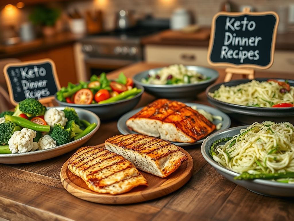 Create a realistic image of a wooden table with various keto-friendly dishes, including a grilled chicken breast, seared salmon, cauliflower rice, zucchini noodles, and a colorful salad. Include low-carb vegetables like broccoli and asparagus. In the background, a kitchen setting with warm lighting. Place a small chalkboard sign in the corner with the text "Keto Dinner Recipes" written on it.