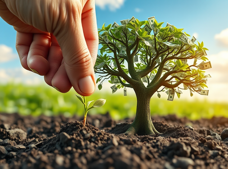 A hand planting a small seed (with the Caterpillar logo) in the ground. The seed is rapidly growing into a giant tree with branches full of money, representing massive growth potential. Represent the industrial giant and future growth. Natural and expansive feeling.