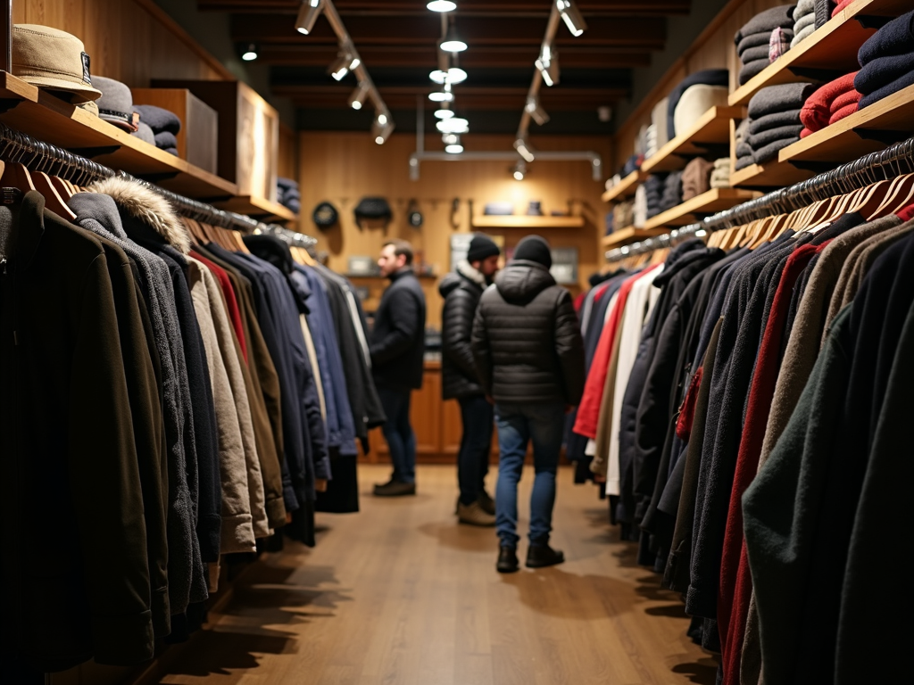 Cozy winter wear store with men's apparel on racks
