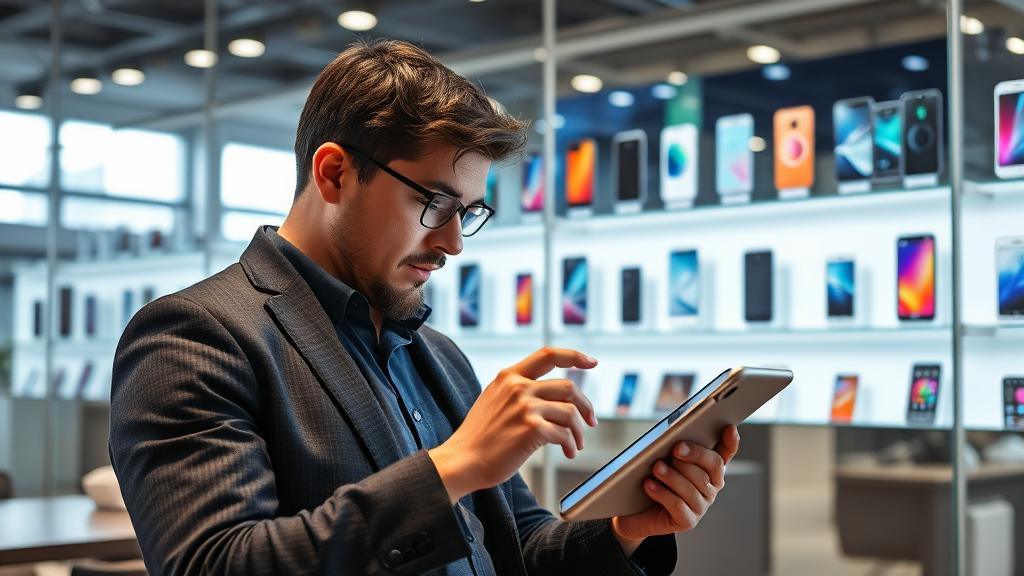 شخصی در حال تحقیق در مورد بررسی گوشی هوشمند در یک تبلت در محیطی مدرن