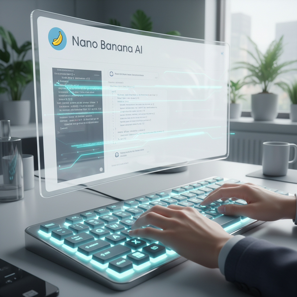 A developer's hands on a keyboard, with the Google AI Studio interface showing nano banana model integration on the screen.