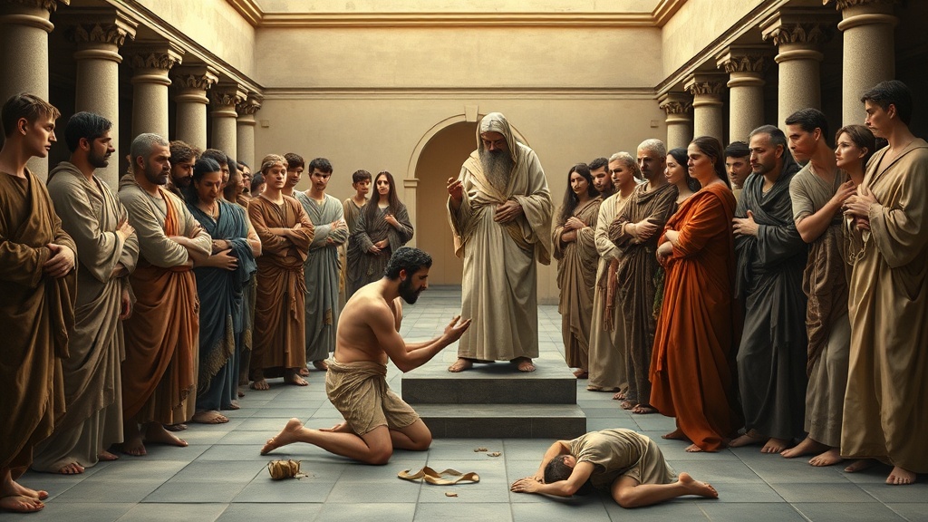 초기 아침 빛 속 고전적 수도원 안뜰에서 자비와 권위의 손길로 결박이 풀리는 인물과 이를 둘러싼 다양한 반응의 군중을 묘사한 르네상스풍 그림