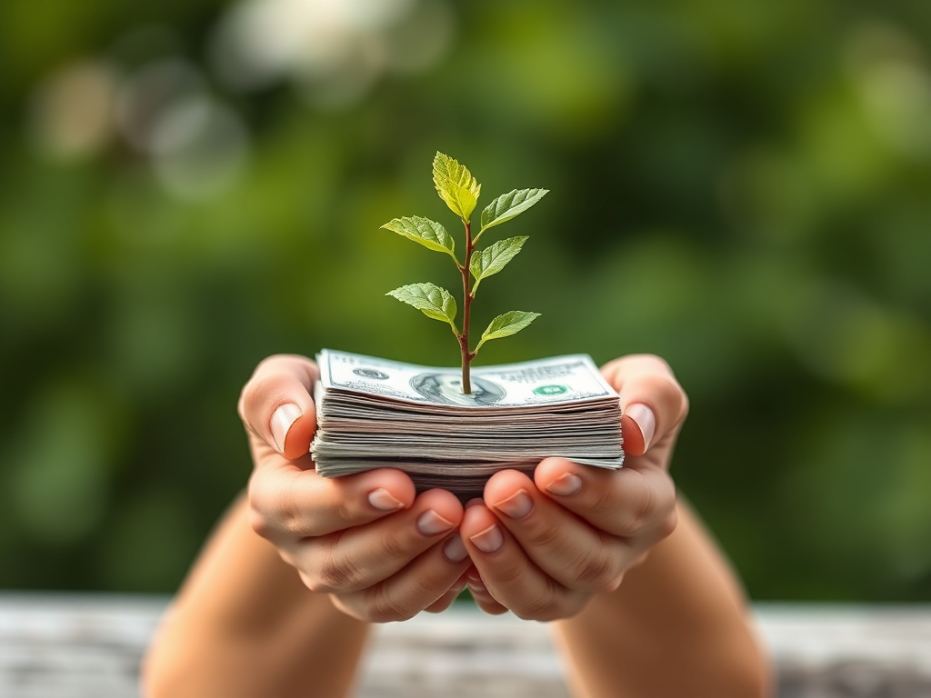 Hands holding a growing plant, symbolizing investment in nursing shortage solution and healthcare growth.