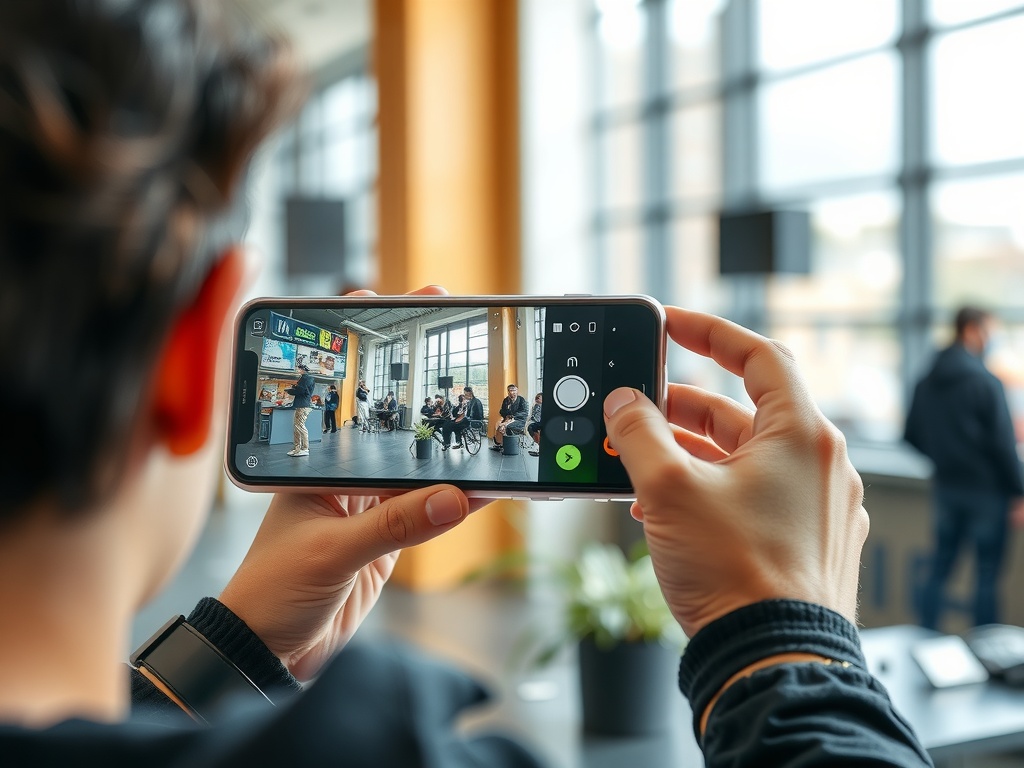 یک فرد در حال عکاسی موبایلی حرفهای با گوشی هوشمند در محیطی مدرن