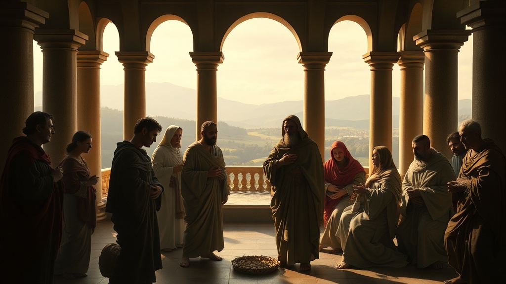 무릎 꿇은 인물과 손을 내미는 연민의 장면, 고전적 회랑 배경