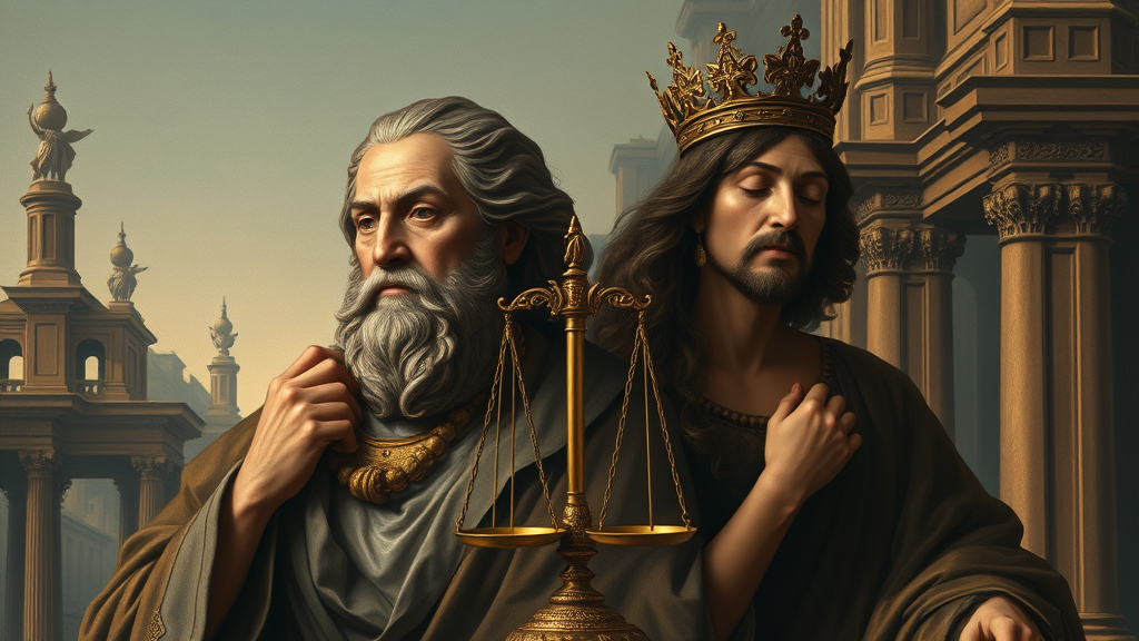 시장 가치를 비유적으로 표현한 그림, 신뢰와 책임을 나타내는 신중한 인물들이 묘사됨