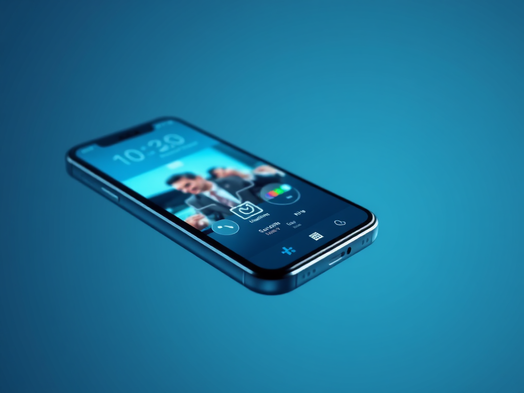 تصویری نزدیک و با کیفیت از یک گوشی هوشمند مدرن که قابلیت‌های هوش مصنوعی مانند ترجمه زبان در زمان واقعی یا ویرایش پیشرفته عکس را نمایش می‌دهد، با پس‌زمینه‌ای تمیز و آینده‌نگر. گوشی باید براق و قدرتمند به نظر برسد، نمایانگر آخرین اخبار گوشی‌های هوشمند.