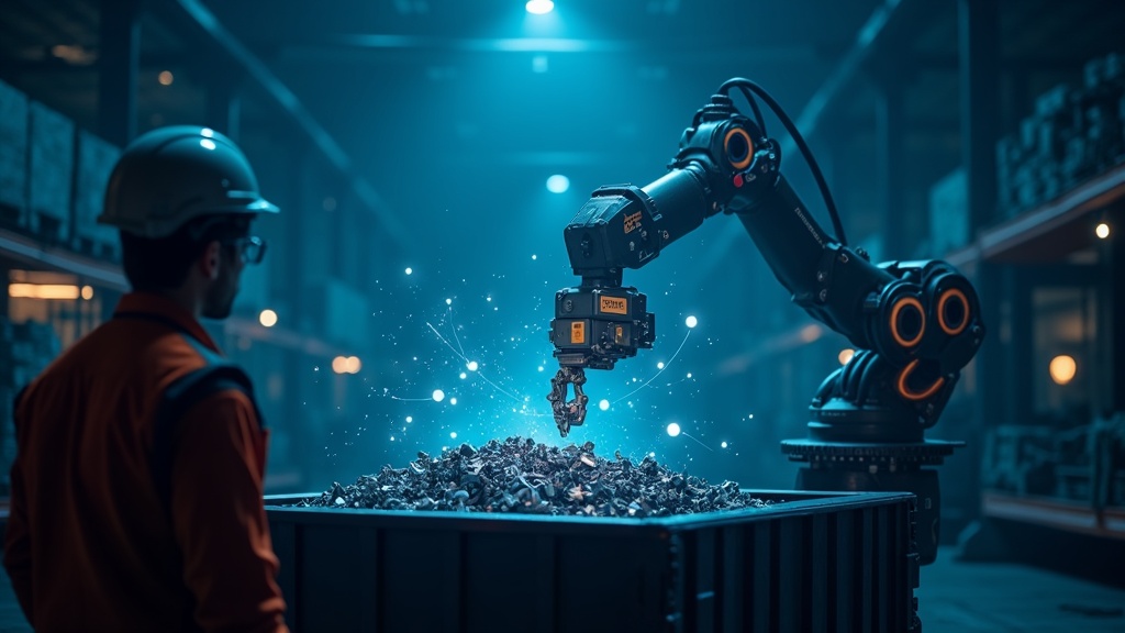El Cobot UR8 Long Bin Picking de Universal Robots en acción, seleccionando con precisión una pieza metálica de un contenedor industrial.