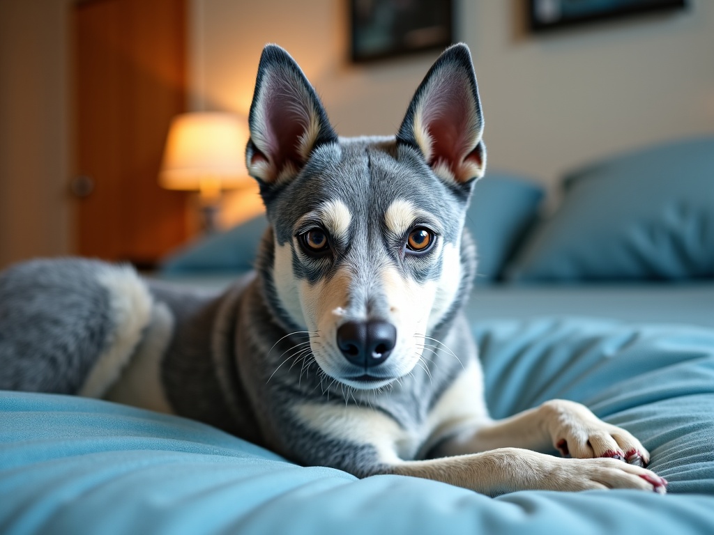 un perro blue heeler de color gris tirado en una cama grandota en medio de una oficina con muchas computadoras