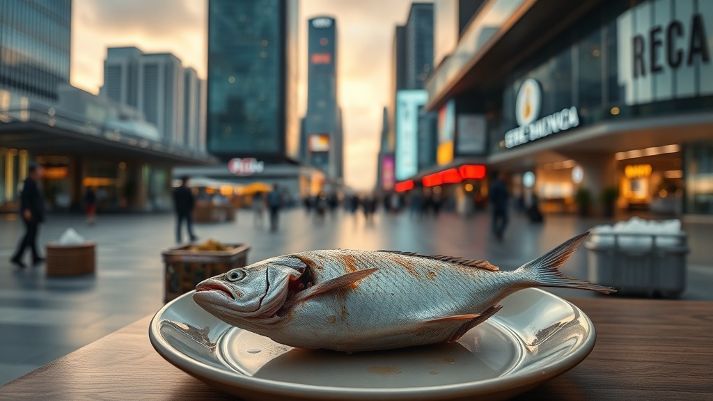 현대적 도시광장에 놓인 접시에 담긴 구운 생선 한 점의 영화 같은 장면