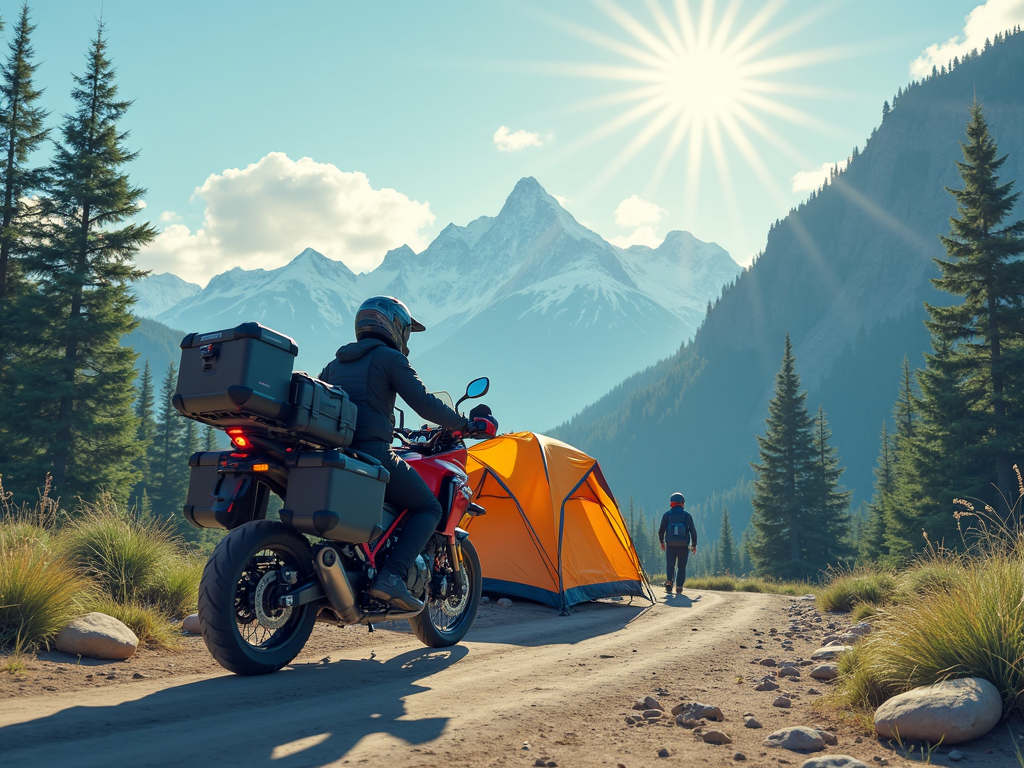 Motorcycle campers in remote wilderness