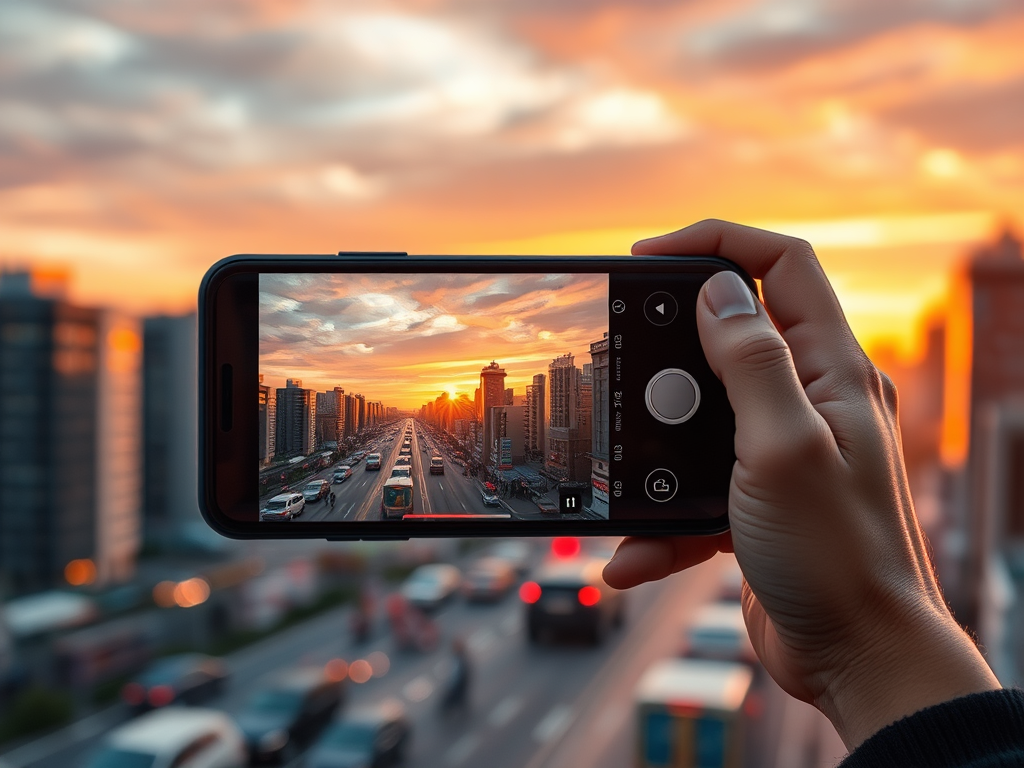 تصویری واقع‌گرایانه و باکیفیت از فردی که در حال فیلمبرداری از صحنه‌ای پر جنب و جوش در شهر هنگام غروب آفتاب با آیفون 16 پرو مکس است، با تمرکز بر روی ضبط ویدیوی روان و رنگ‌های غنی. پس‌زمینه شهری شلوغ با نور گرم را نشان می‌دهد. iPhone 16 Pro Max Camera Review