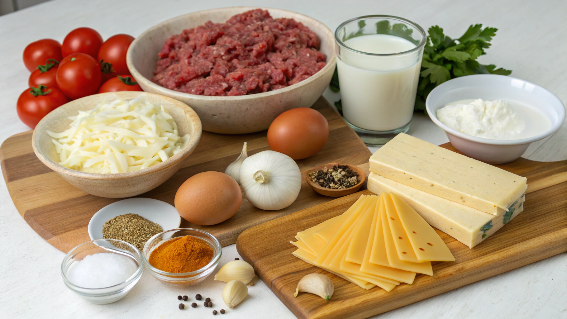 Pastitsio ingredients laid out on marble countertop
