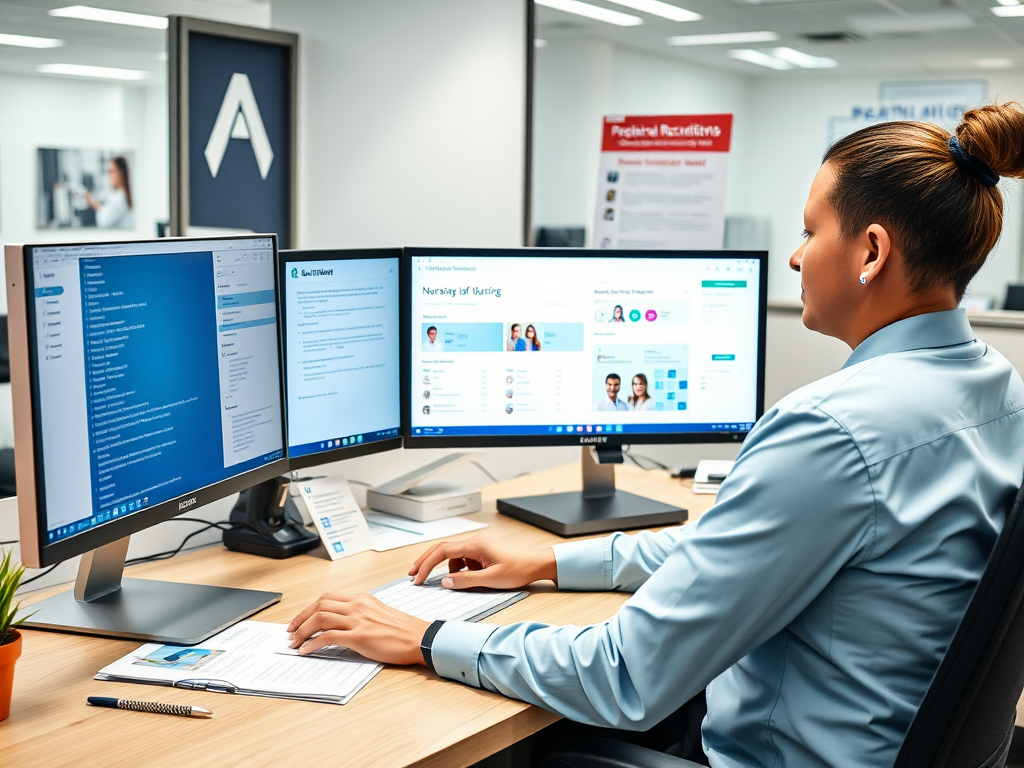 Recruitment consultant at a desk with multiple computer screens showing nursing job listings and candidate profiles, with healthcare recruitment marketing materials visible, in a professional office setting
