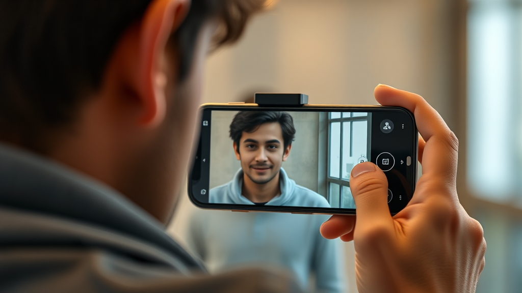 تصویر واقع‌گرایانه و با کیفیت بالا از فردی که با یک گوشی هوشمند مدرن در حال عکاسی حرفه‌ای است. تمرکز بر ماژول دوربین گوشی و سوژه در پس‌زمینه است که اهمیت عکاسی موبایلی را در بررسی گوشی موبایل نشان می‌دهد.