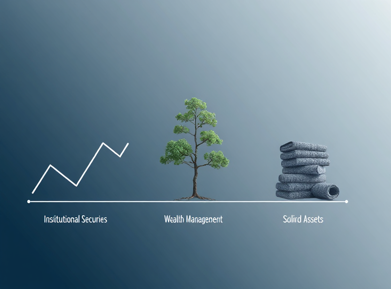 Three distinct visual elements merging or balancing: a dynamic graph line (Institutional Securities), a stable, growing tree (Wealth Management), and a solid stack of assets (Investment Management), showing the firm's diversified business model.