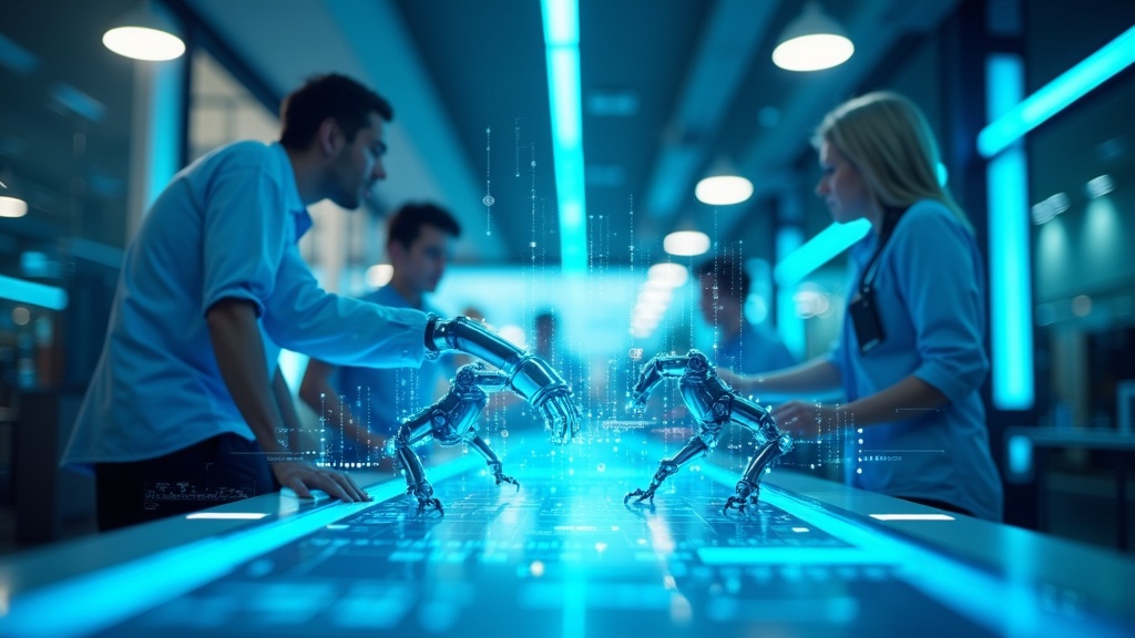 Representación conceptual de la Automatización Robótica en el Ayuntamiento de Huelva, mostrando bots de software en una oficina moderna.