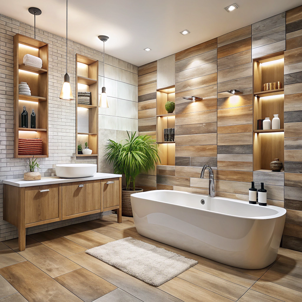 Modern Bathroom Design with Porcelain Wood Flooring
