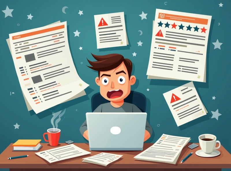 A remote worker looks frustrated while trying to manage online reviews, surrounded by papers and coffee, with overlay visuals of schema markup code and spam warning icons.