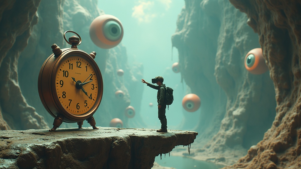 Un visitante explora un paisaje surrealista y onírico dentro de la experiencia Dreams of Dalí VR en Virtua Barcelona, rodeado de elementos icónicos del artista.