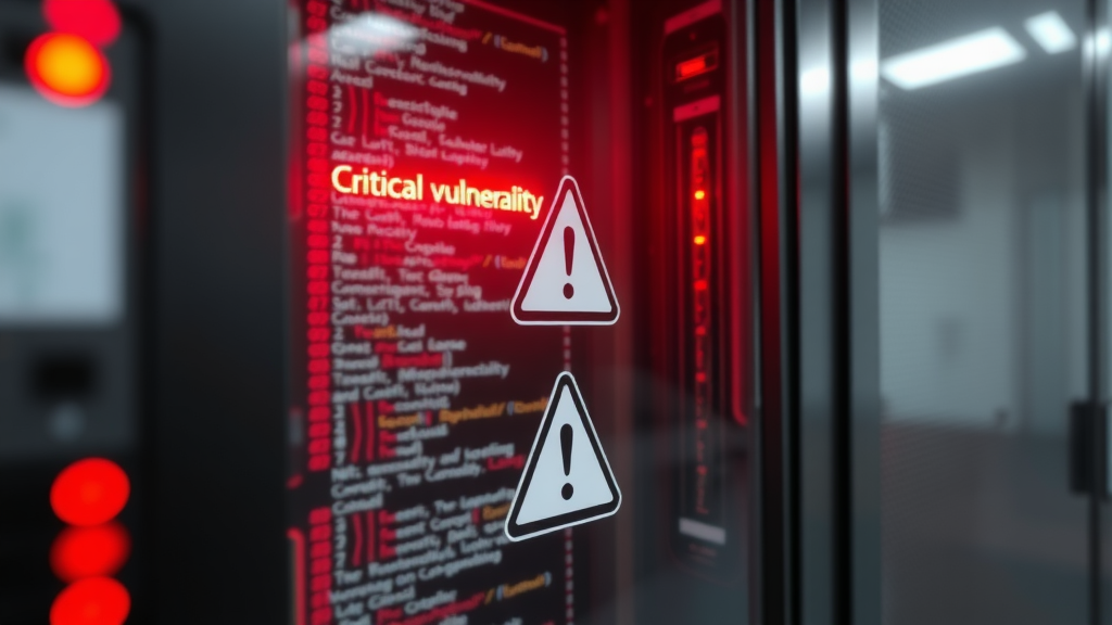 A digital representation of a critical vulnerability in a server, with lines of code and a warning sign, highlighting the VMware security flaw leading to ransomware.