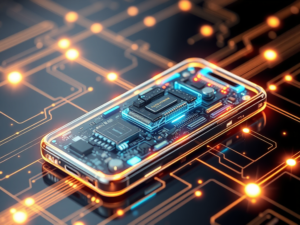 تصویری از یک گوشی هوشمند آینده‌نگر با اجزای داخلی شفاف و خطوط درخشان که جریان داده و پردازش هوش مصنوعی را نشان می‌دهد، نمایانگر آخرین اخبار گوشی هوشمند در نوآوری