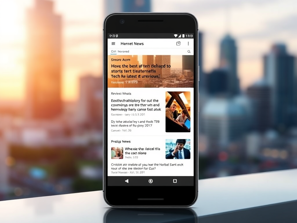 A modern smartphone displaying the latest smartphone news on its screen, with a blurred city background. The screen is high-quality and the design is sleek.