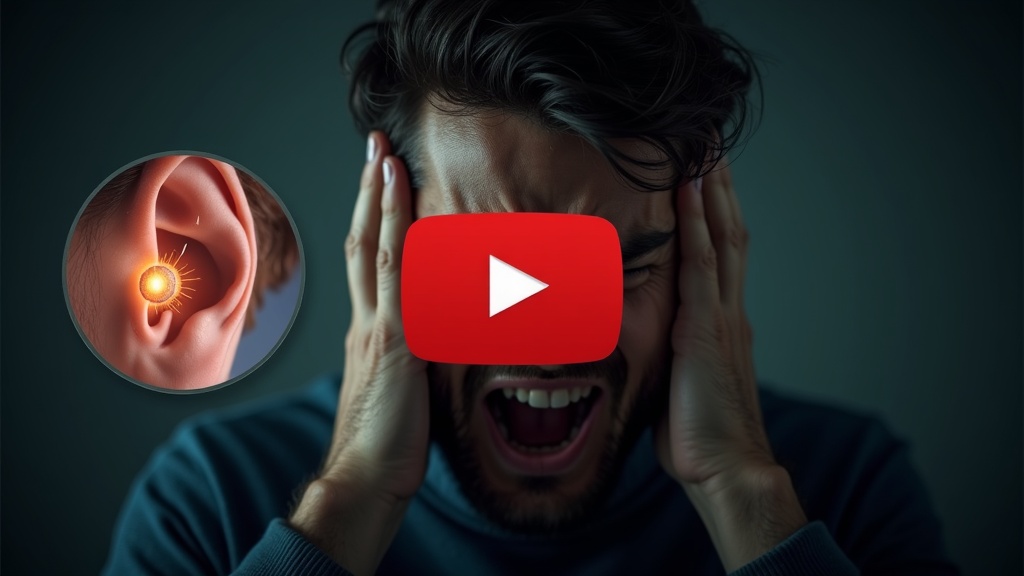 A highly detailed image portraying a person with hands on ears, screaming in distress, to express the intense pain and frustration of tinnitus. The person is the central focus, with a small, circled insert image showing a close-up of an inner ear in detail, illustrating the unique mechanism related to the nerve wire connecting ear to brain. The insert should have a natural medical look to provoke curiosity. The overall ambiance is dramatic yet realistic, capturing the torment and mystery of ear ringing. The thumbnail includes a centered YouTube style play button, with a red filled circle and white play triangle. No logos, no text on the image. The style is photorealistic and slightly surreal to increase curiosity.