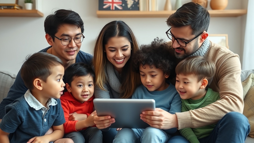 یک خانواده در حال بحث در مورد ایمنی آنلاین در اطراف یک تبلت، نشاندهنده والدین و کودکان درگیر در گفتگو درباره قوانین اینترنت و امنیت سایبری کودکان.