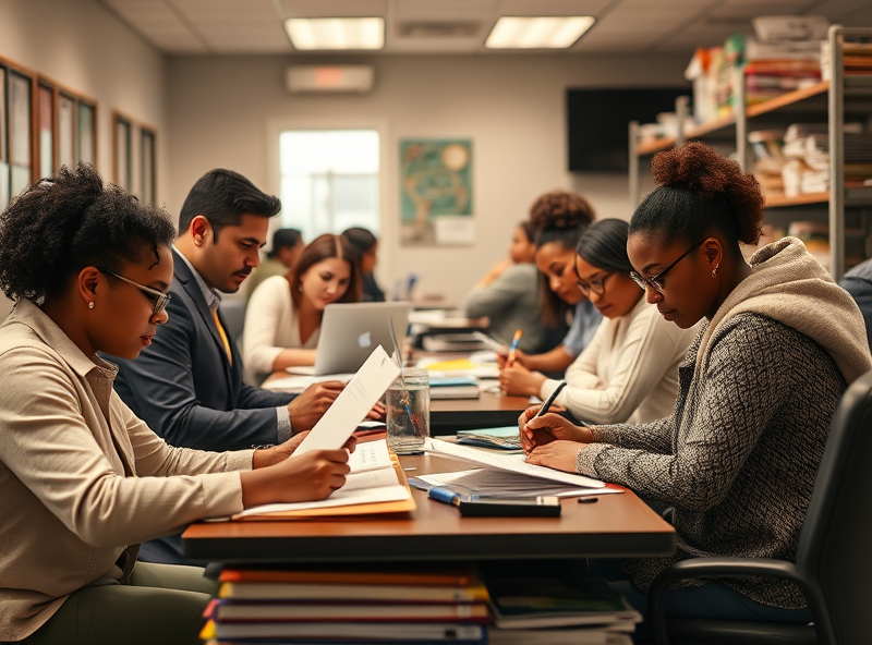 A busy office space where tax prep advocates diligently work on filing paperwork for low-income individuals in need of SNAP benefits, showcasing a culture of commitment and expertise in assisting those facing financial challenges.