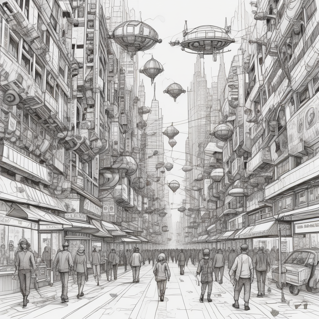 A bustling street scene in the heart of the city, where hovering vehicles, pedestrians adorned with cybernetic implants, and strange, floating constructs coexist in a chaotic dance of technology and magic.