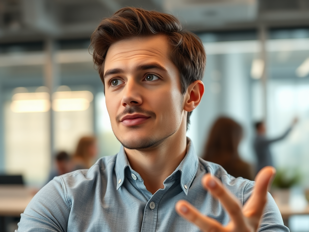 A person receiving constructive feedback after a technical interview, showing a thoughtful and engaged expression. The background is a modern office setting, emphasizing the importance of feedback in technical interviews.